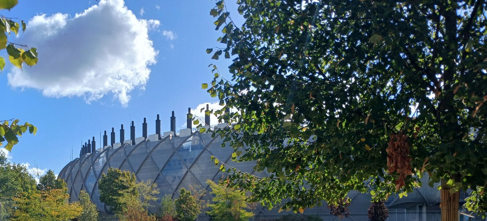 Paris Digital Park in La Courneuve, with a diagonal metal facade and foreground trees beneath a blue sky